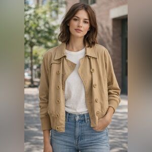 GAP TAN JACKET WITH COLORFUL INTERIOR BUTTONS UP CUFFS ON SLEEVES SIZE XL